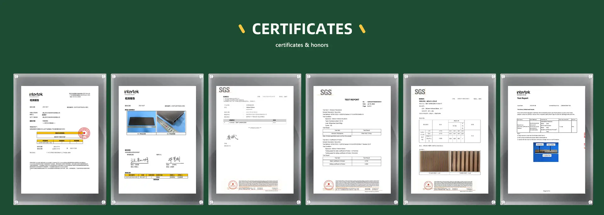 Various international quality certificates for LEBK's plastic wood products