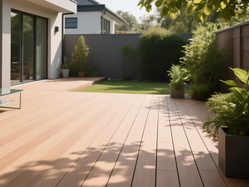 Macro view of LEBK composite decking showing realistic wood grain and hidden fastener clip system.