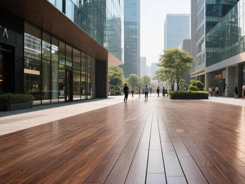 Durable commercial composite decking boards from LEBK in a charcoal gray finish, installed on a crowded restaurant patio, showcasing clean lines, hidden fasteners, and resilience under heavy daily use.